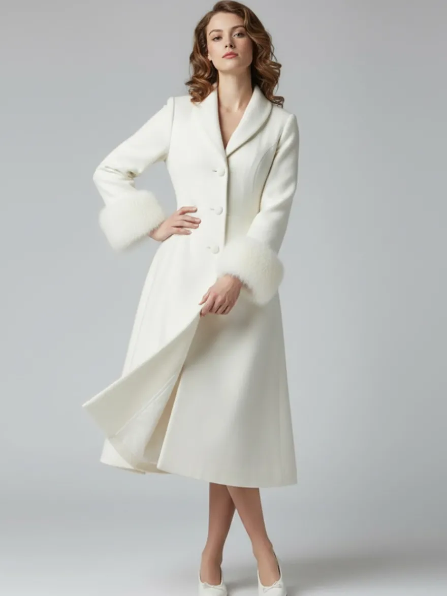 Manteau mi-long évasé en laine coupe trapèze vintage avec poignets amovibles en fausse fourrure blanche (collection 2026)