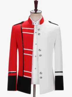 Manteau rouge vintage à boutons rétro et blocs de couleurs à manches longues en polyester pour homme