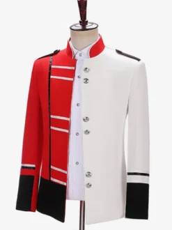 Manteau rouge vintage à boutons rétro et blocs de couleurs à manches longues en polyester pour homme