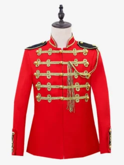 Manteau rouge vintage à franges et boutons rétro blocs de couleurs manches longues en polyester costumes rétro pour homme