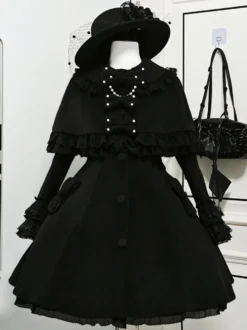Manteau Sweet Lolita à nœuds noirs manches longues style automne-hiver avec cape