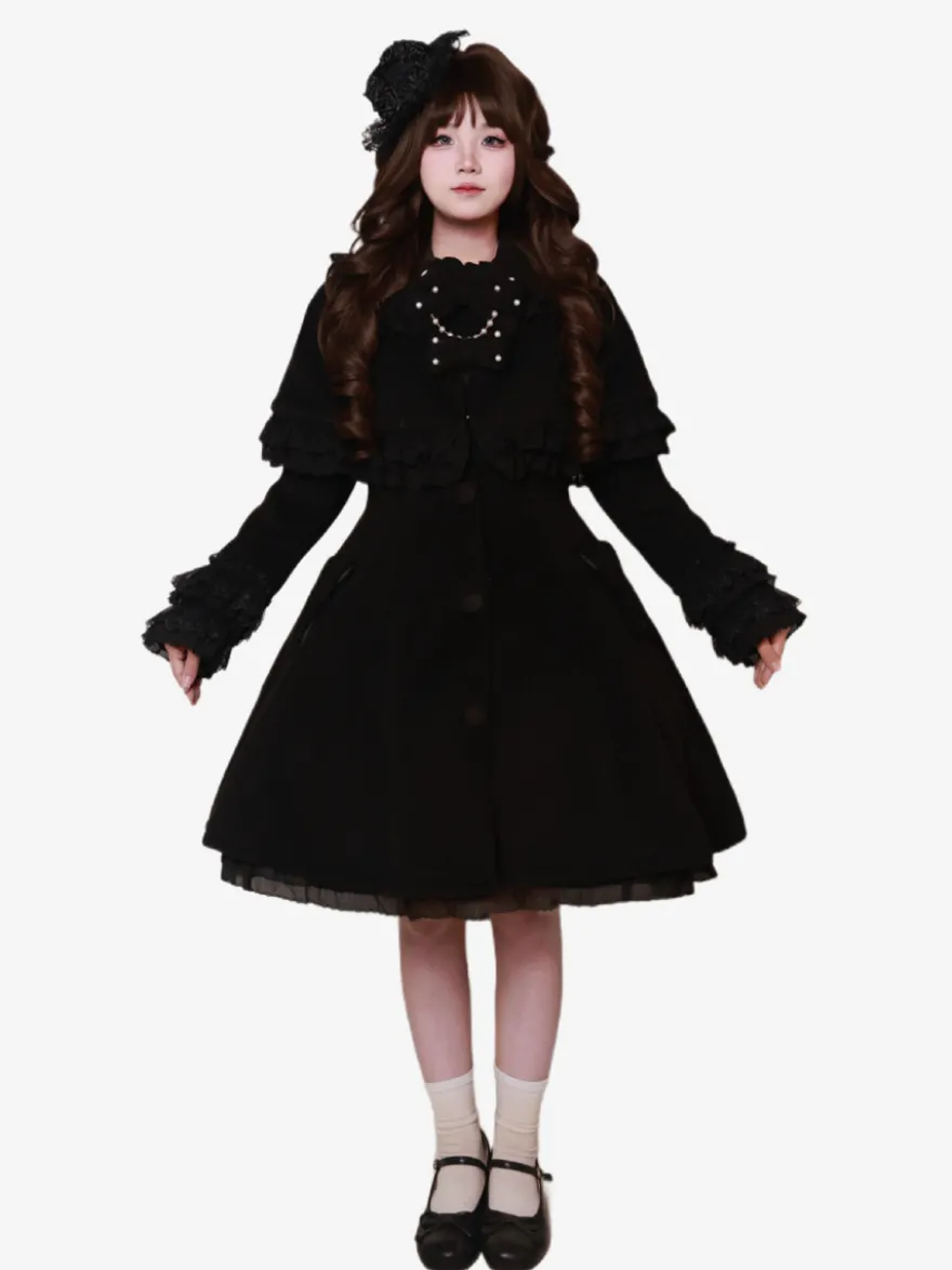Manteau Sweet Lolita à nœuds noirs manches longues style automne-hiver avec cape