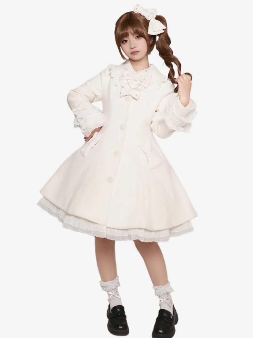 Manteau Sweet Lolita à nœuds noirs manches longues style automne-hiver avec cape