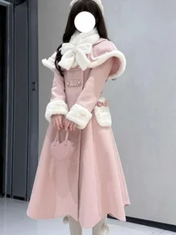 Manteau Sweet Lolita rose et blanc à nœuds cape pardessus manteau d'hiver Lolita