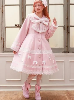 Manteau Sweet Lolita rose pâle et violet à nœuds en dentelle manches longues manteau d'hiver Lolita