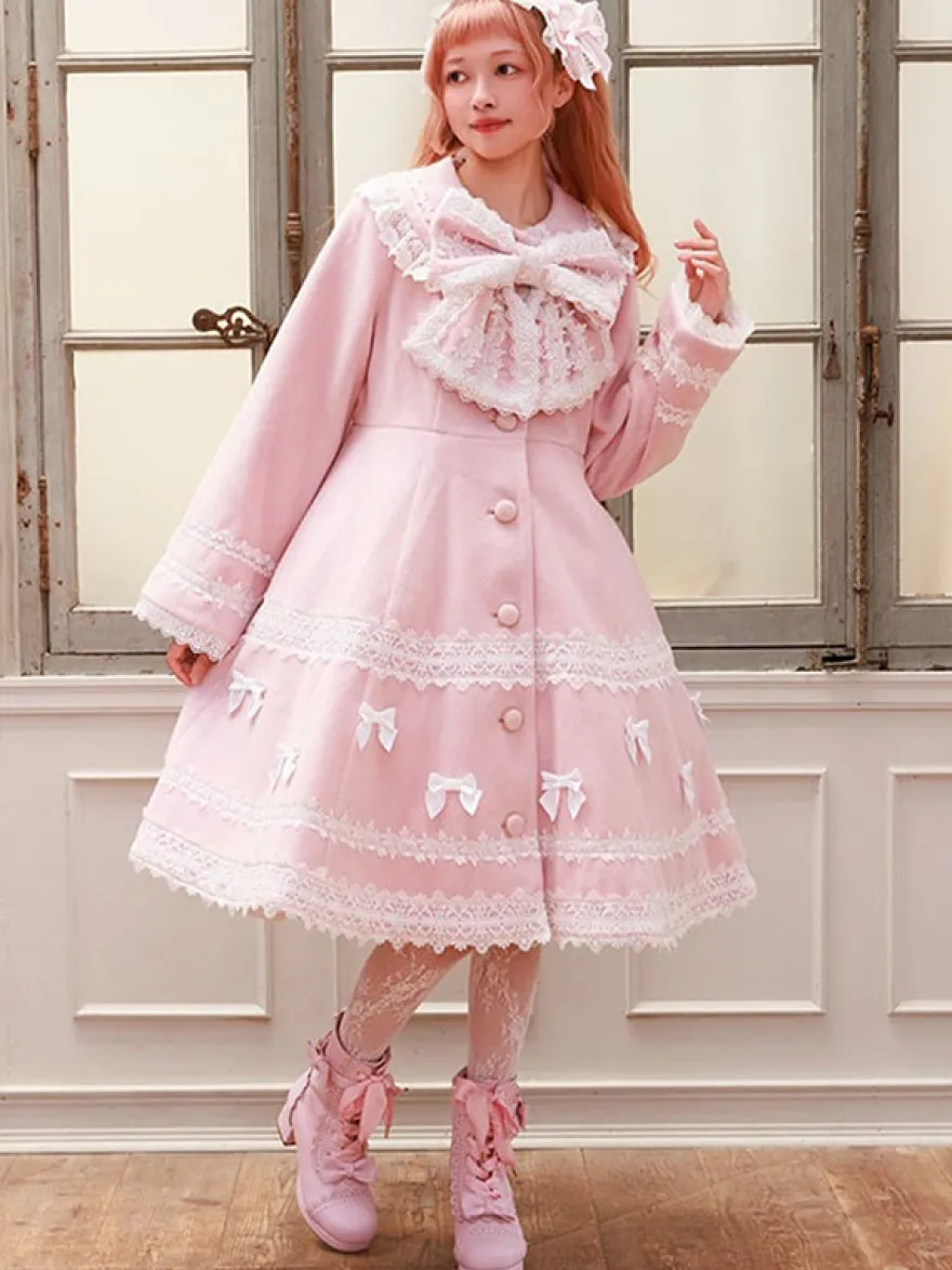 Manteau Sweet Lolita rose pâle et violet à nœuds en dentelle manches longues manteau d'hiver Lolita