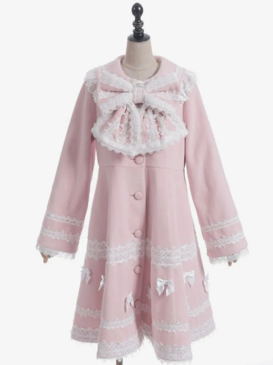 Manteau Sweet Lolita rose pâle et violet à nœuds en dentelle manches longues manteau d'hiver Lolita