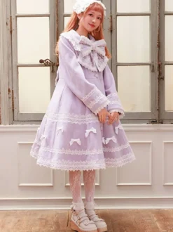 Manteau Sweet Lolita rose pâle et violet à nœuds en dentelle manches longues manteau d'hiver Lolita