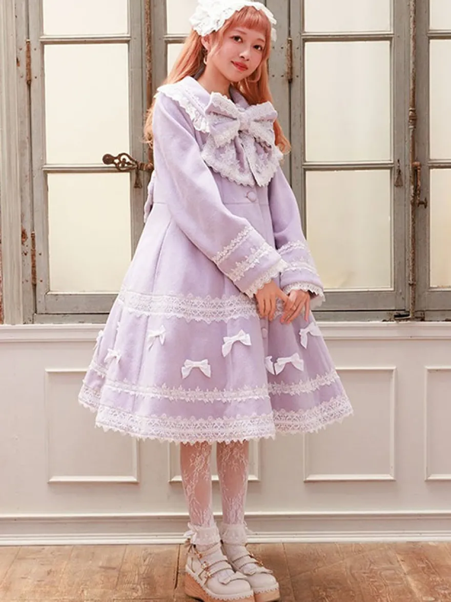 Manteau Sweet Lolita rose pâle et violet à nœuds en dentelle manches longues manteau d'hiver Lolita