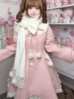 Manteau Sweet Lolita rose à pompons pardessus manteau d'hiver Lolita avec écharpe