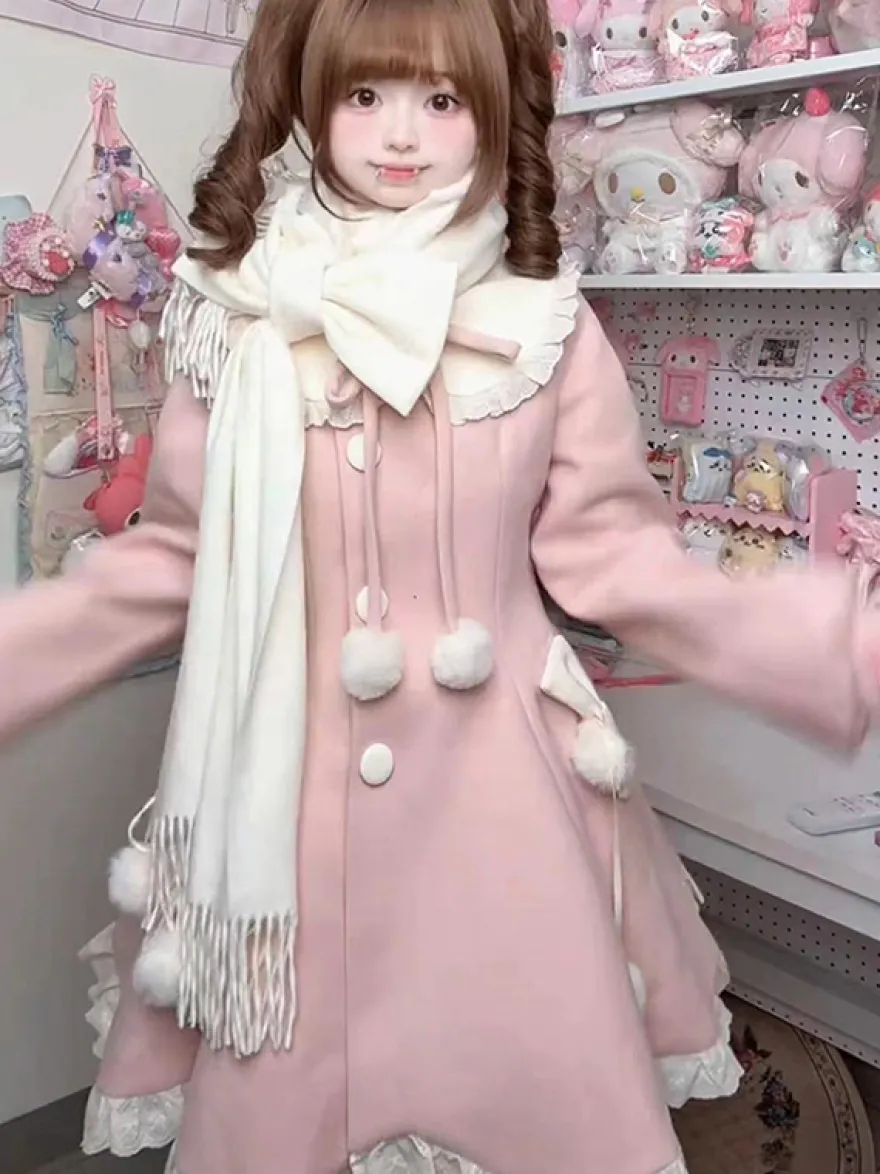 Manteau Sweet Lolita rose à pompons pardessus manteau d'hiver Lolita avec écharpe