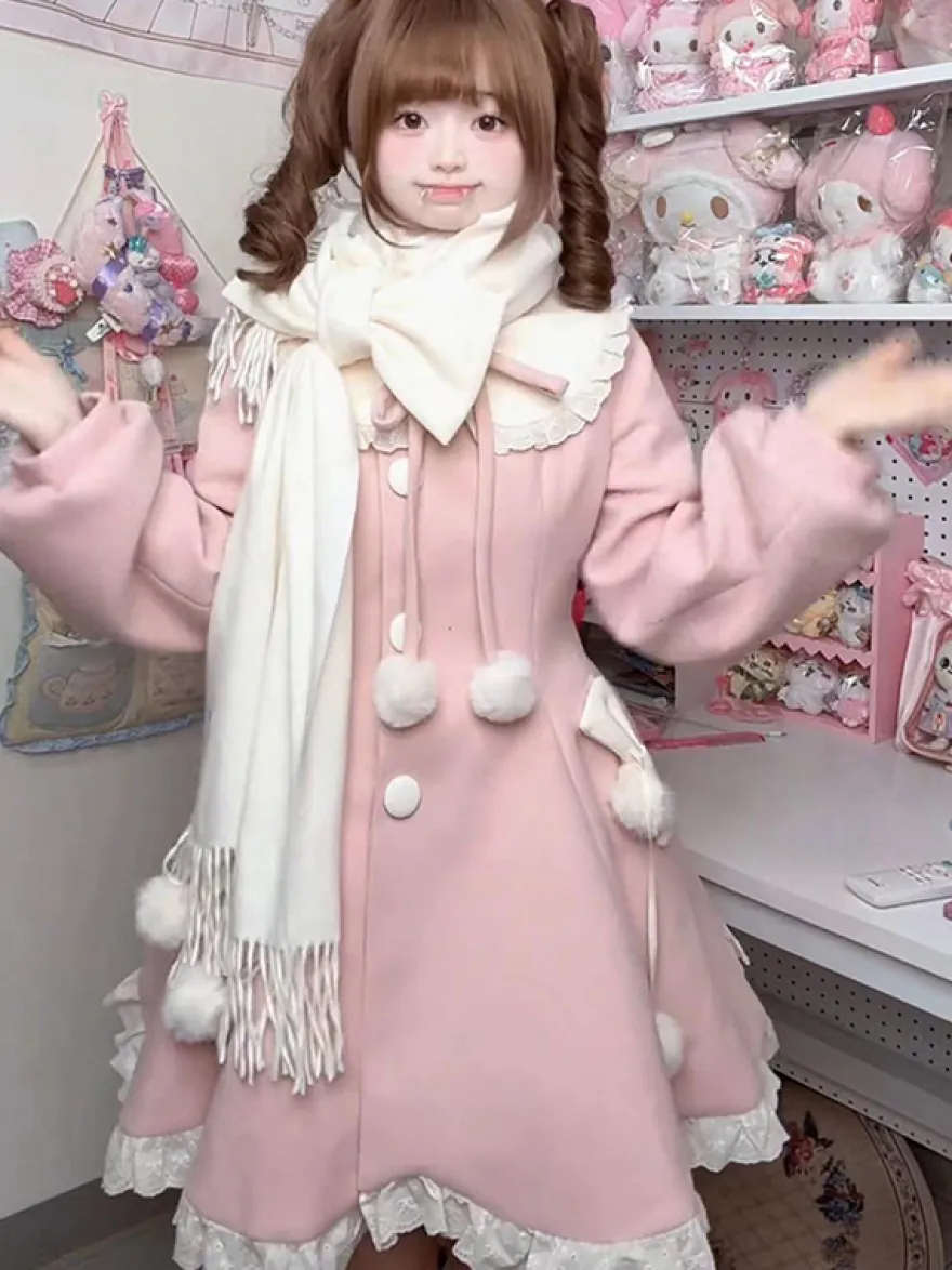 Manteau Sweet Lolita rose à pompons pardessus manteau d'hiver Lolita avec écharpe