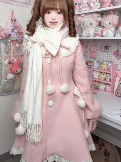 Manteau Sweet Lolita rose à pompons pardessus manteau d'hiver Lolita avec écharpe