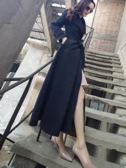 Manteau Trench Long Femme Bas Evasée à Col Revers avec Manches Longues Coupe Cintrée à Lacets Unicolore