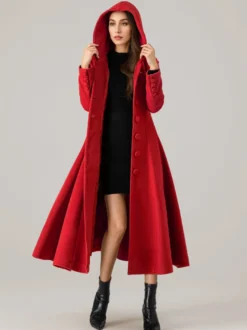 Manteau évasé en laine avec capuche pour femme rouge coupe trapèze long vêtement d'extérieur d'hiver 2026