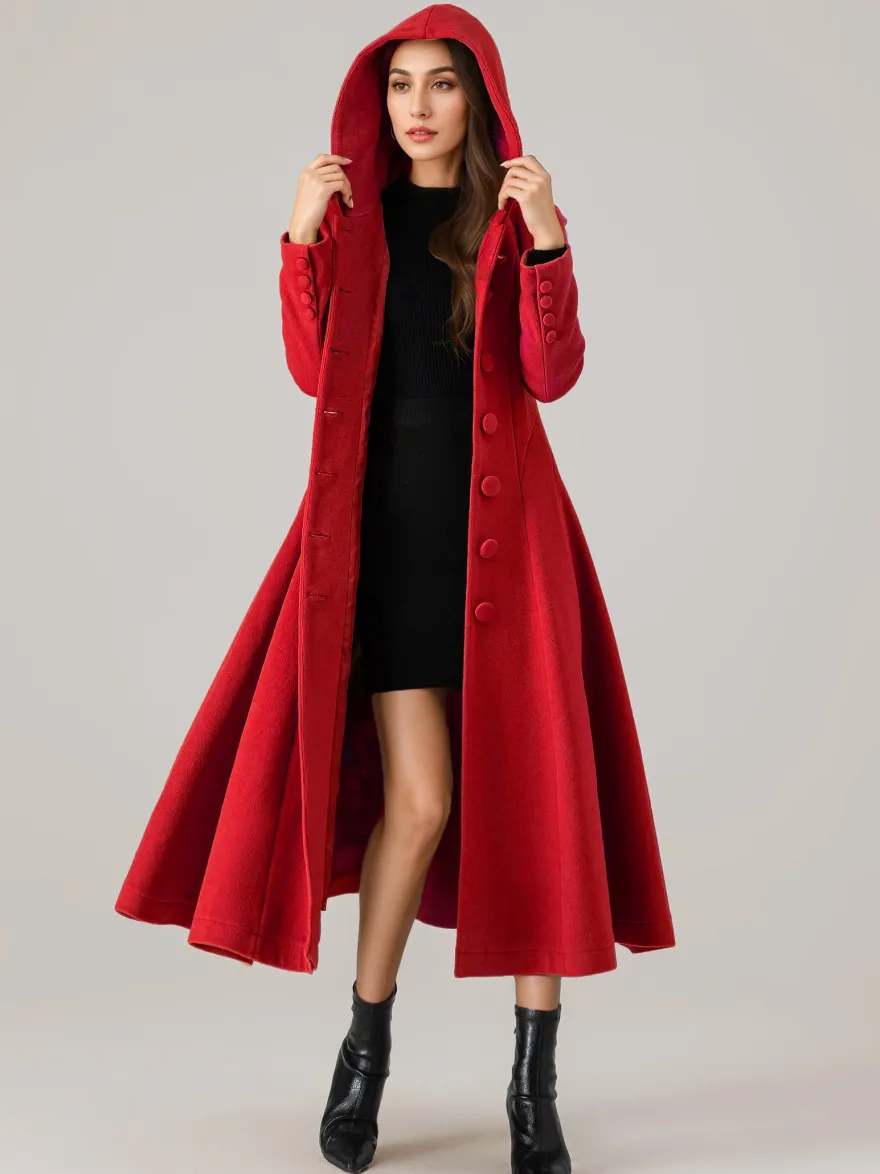 Manteau évasé en laine avec capuche pour femme rouge coupe trapèze long vêtement d'extérieur d'hiver 2026