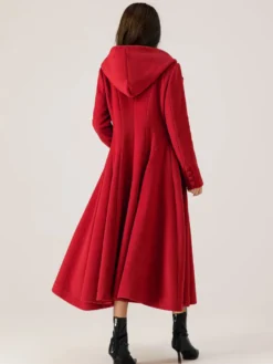 Manteau évasé en laine avec capuche pour femme rouge coupe trapèze long vêtement d'extérieur d'hiver 2026