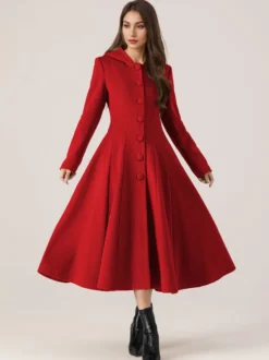 Manteau évasé en laine avec capuche pour femme rouge coupe trapèze long vêtement d'extérieur d'hiver 2026