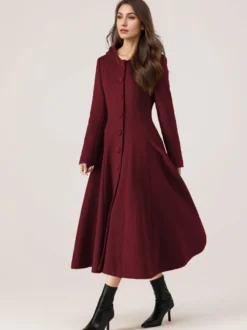 Manteau évasé en laine avec capuche pour femme rouge coupe trapèze long vêtement d'extérieur d'hiver 2026