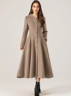Manteau évasé en laine avec capuche pour femme rouge coupe trapèze long vêtement d'extérieur d'hiver 2026