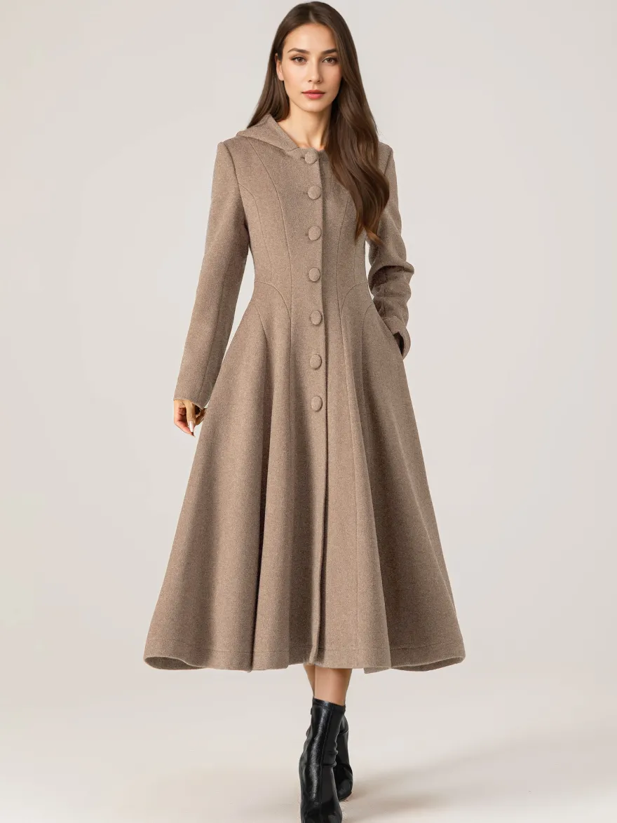 Manteau évasé en laine avec capuche pour femme rouge coupe trapèze long vêtement d'extérieur d'hiver 2026