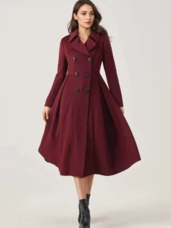 Manteau évasé en laine verte à double boutonnage à revers larges vêtements d'extérieur d'hiver A-line Midi 2026
