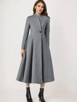 Manteau évasé en mélange de laine pour femme un bouton gris coupe trapèze vêtement d'extérieur mi-long d'hiver 2026