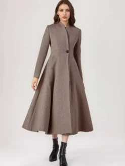 Manteau évasé en mélange de laine pour femme un bouton gris coupe trapèze vêtement d'extérieur mi-long d'hiver 2026