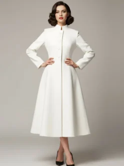 Manteau vintage en laine blanche à col montant et coupe trapèze pour femme (collection 2026)