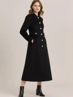 Manteau vintage en laine et cachemire mélangés avec boutons dorés pour femme 2026