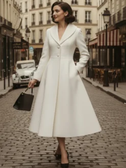 Manteau vintage unique à revers en laine blanche évasé pour femme 2026