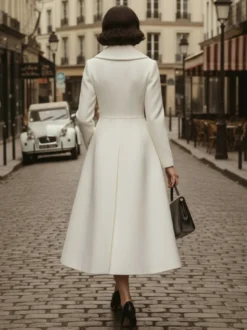 Manteau vintage unique à revers en laine blanche évasé pour femme 2026