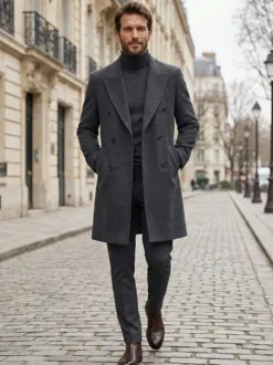 Manteaux Costume Hommes Double Boutonnage Col Rabattu Confortable Gris Moderne