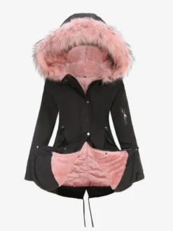 Manteaux D'hiver Rose Moyen Cordon De Serrage À Capuche Bouton Décontracté