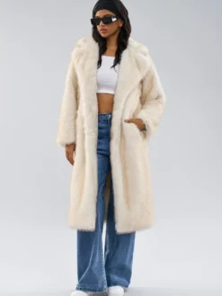 Manteaux en fausse fourrure blanche à revers crantés Veste longue d'hiver surdimensionnée pour femmes 2026