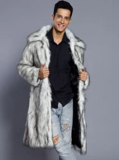 Manteaux En Fausse Fourrure Hiver Chaud Hommes Gris Clair Veste Manches Longues Col Rabattu