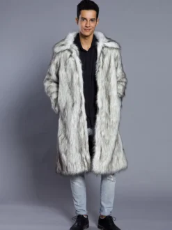 Manteaux En Fausse Fourrure Hiver Chaud Hommes Gris Clair Veste Manches Longues Col Rabattu