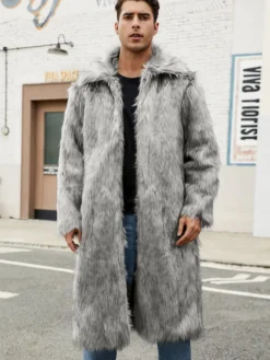 Manteaux En Fausse Fourrure Hiver Chaud Hommes Gris Clair Veste Manches Longues Col Rabattu