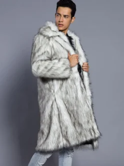 Manteaux En Fausse Fourrure Hiver Chaud Hommes Gris Clair Veste Manches Longues Col Rabattu