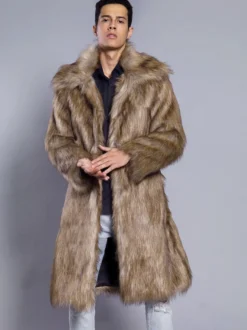 Manteaux En Fausse Fourrure Hiver Chaud Hommes Gris Clair Veste Manches Longues Col Rabattu