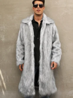 Manteaux En Fausse Fourrure Hiver Chaud Hommes Gris Clair Veste Manches Longues Col Rabattu