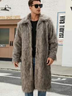 Manteaux En Fausse Fourrure Hiver Chaud Hommes Gris Clair Veste Manches Longues Col Rabattu