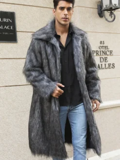 Manteaux En Fausse Fourrure Hiver Chaud Hommes Gris Clair Veste Manches Longues Col Rabattu