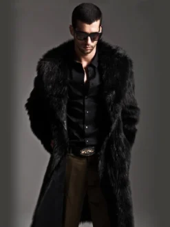 Manteaux En Fausse Fourrure Hiver Chaud Hommes Noir Chic Veste Manches Longues Col Rabattu