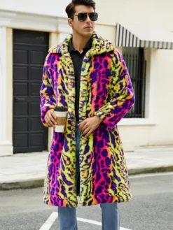 Manteaux En Fausse Fourrure Léopard Rose Jaune Hiver Chaud Hommes Veste Manches Longues Col Rabattu