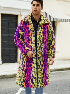 Manteaux En Fausse Fourrure Léopard Rose Jaune Hiver Chaud Hommes Veste Manches Longues Col Rabattu