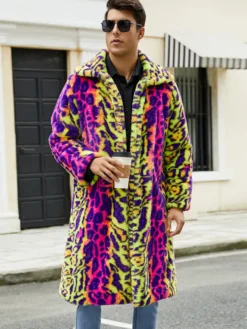 Manteaux En Fausse Fourrure Léopard Rose Jaune Hiver Chaud Hommes Veste Manches Longues Col Rabattu
