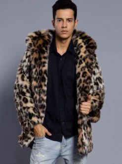 Manteaux En Fausse Fourrure Marron Foncé Hiver Chaud Hommes Veste Manches Longues Col Rabattu Capuche