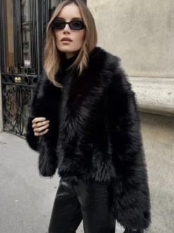 Manteaux en fausse fourrure Noir Taille relevée Manches longues Veste en fausse fourrure Manteau d'hiver