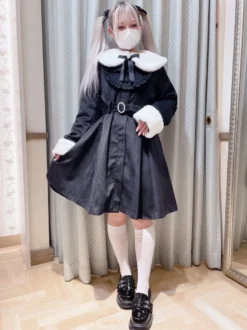 Manteaux gothiques Lolita Manteau noir Volants Nœuds Pardessus Polyester Automne Lolita Vêtements d'extérieur